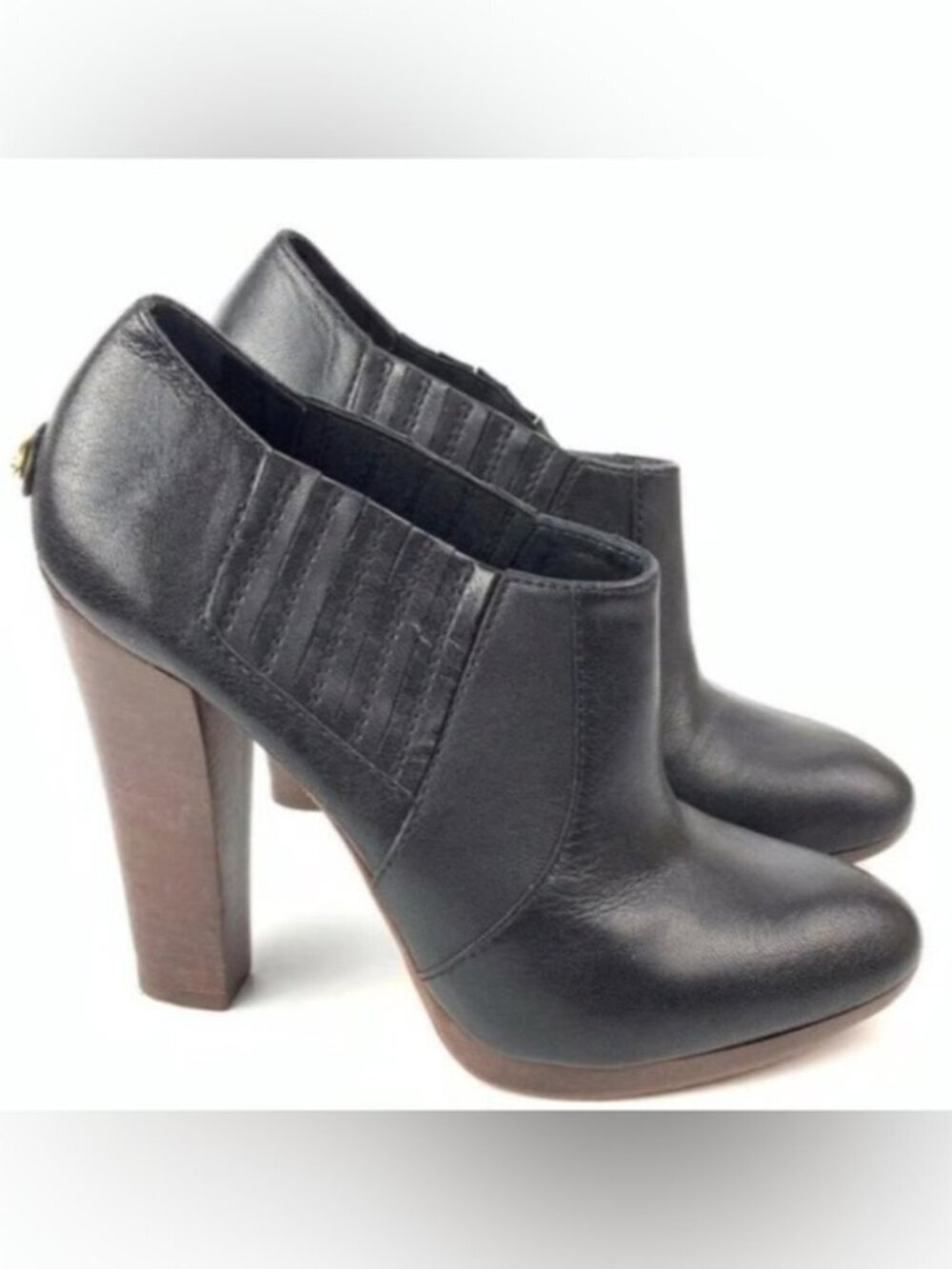 BCBG MaxAzria leather ankle boots block platform wooden heel black brown US 8B